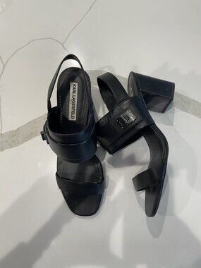 Karl Lagerfeld Jaylynn Black Leather Block Heeled Sandals - Size 11 - Rtl $139
